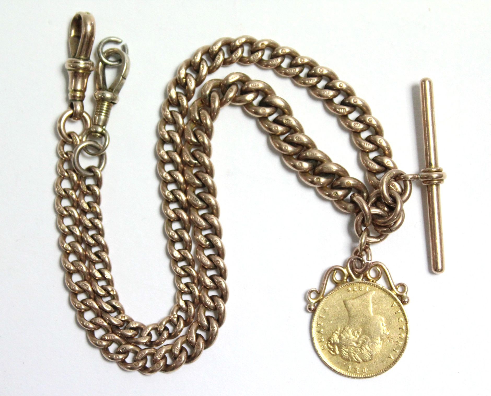 A 9ct. gold albert of curb links, with bar, pendant 1876 half-sovereign, & spring clip to either - Image 2 of 2