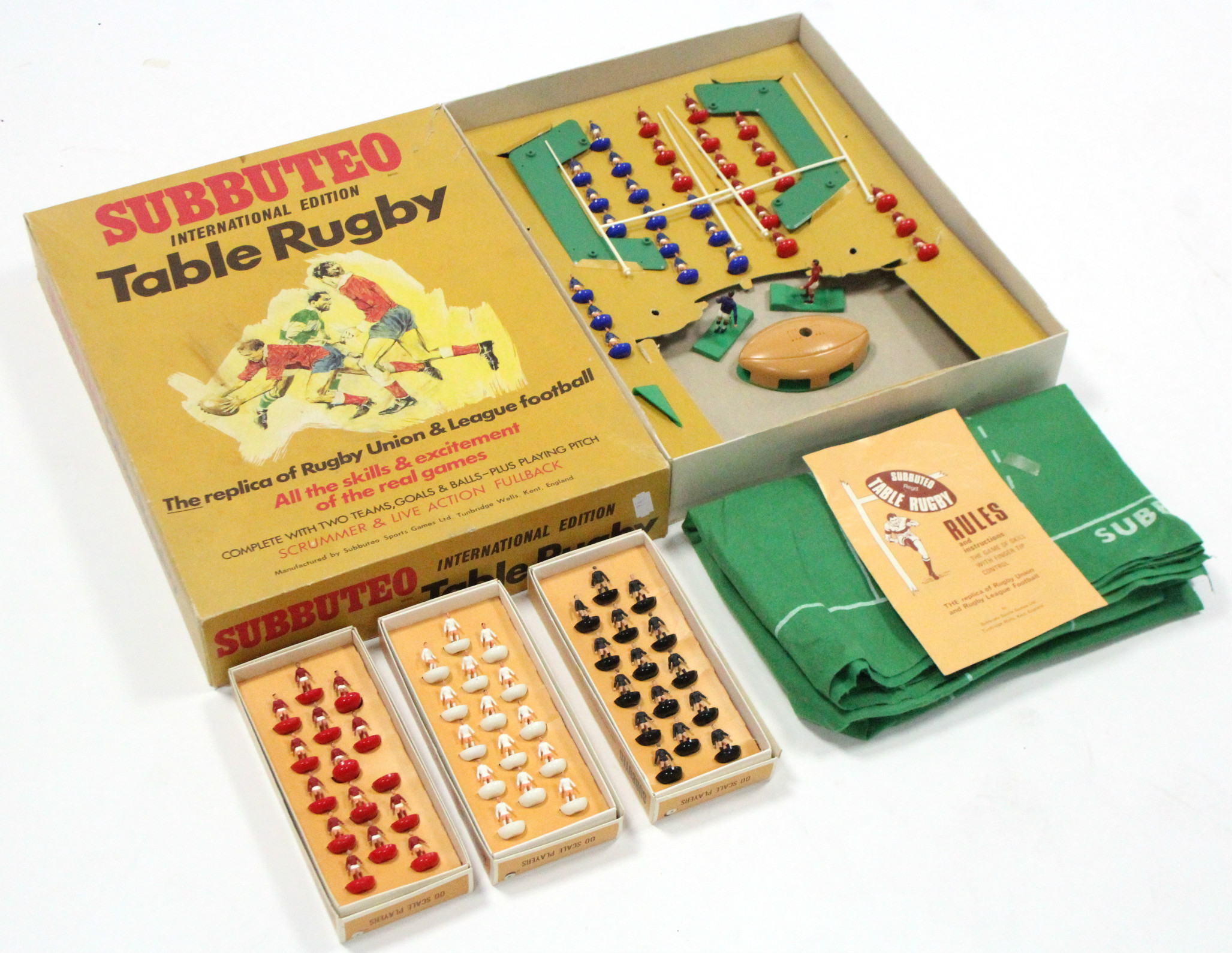 A Subbuteo “International Edition” table rugby game; & three ditto rugby team sets, all boxed.