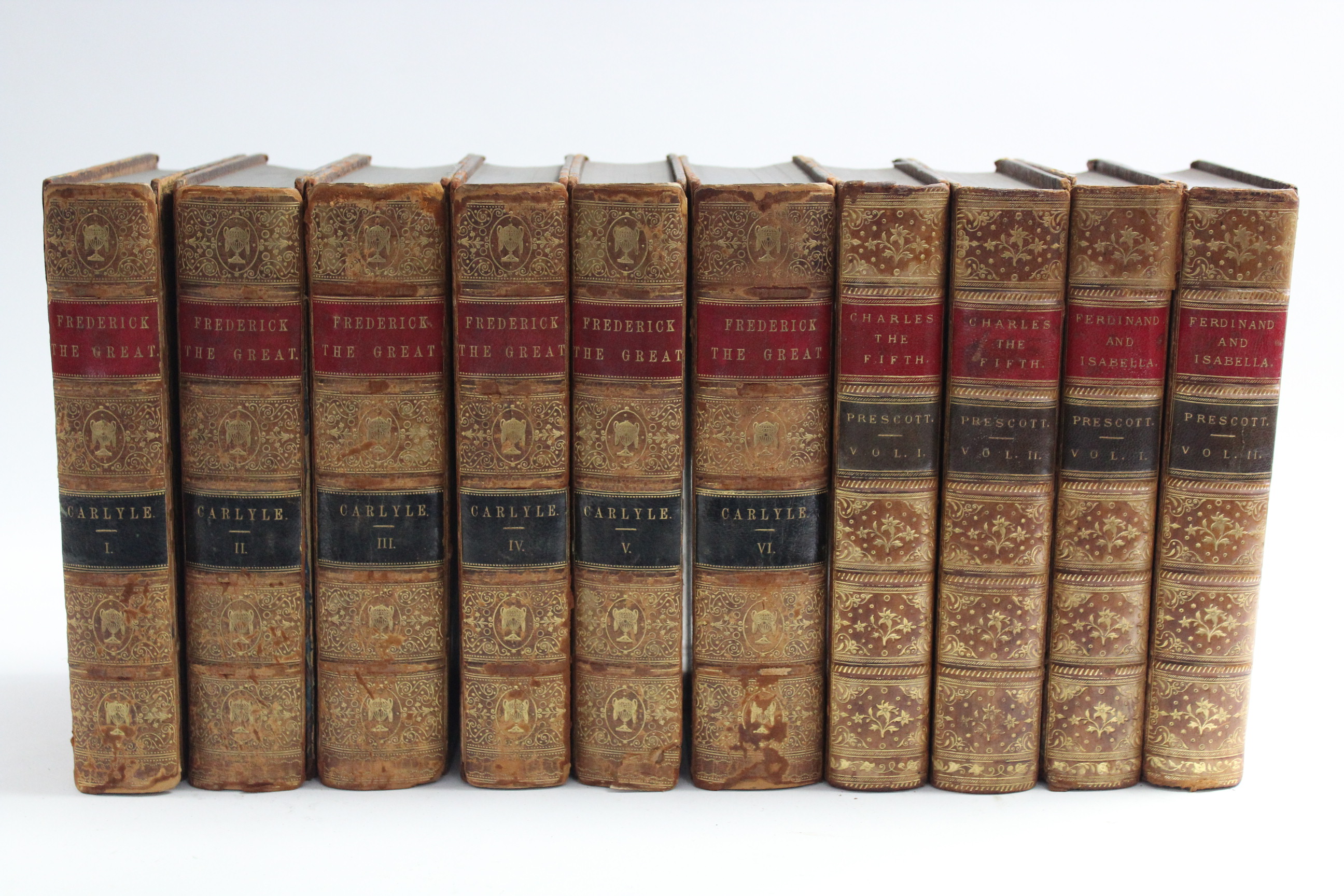 A set of six mid-19th century leather-bound volumes “Frederick The Great” by Thomas Carlyle, two
