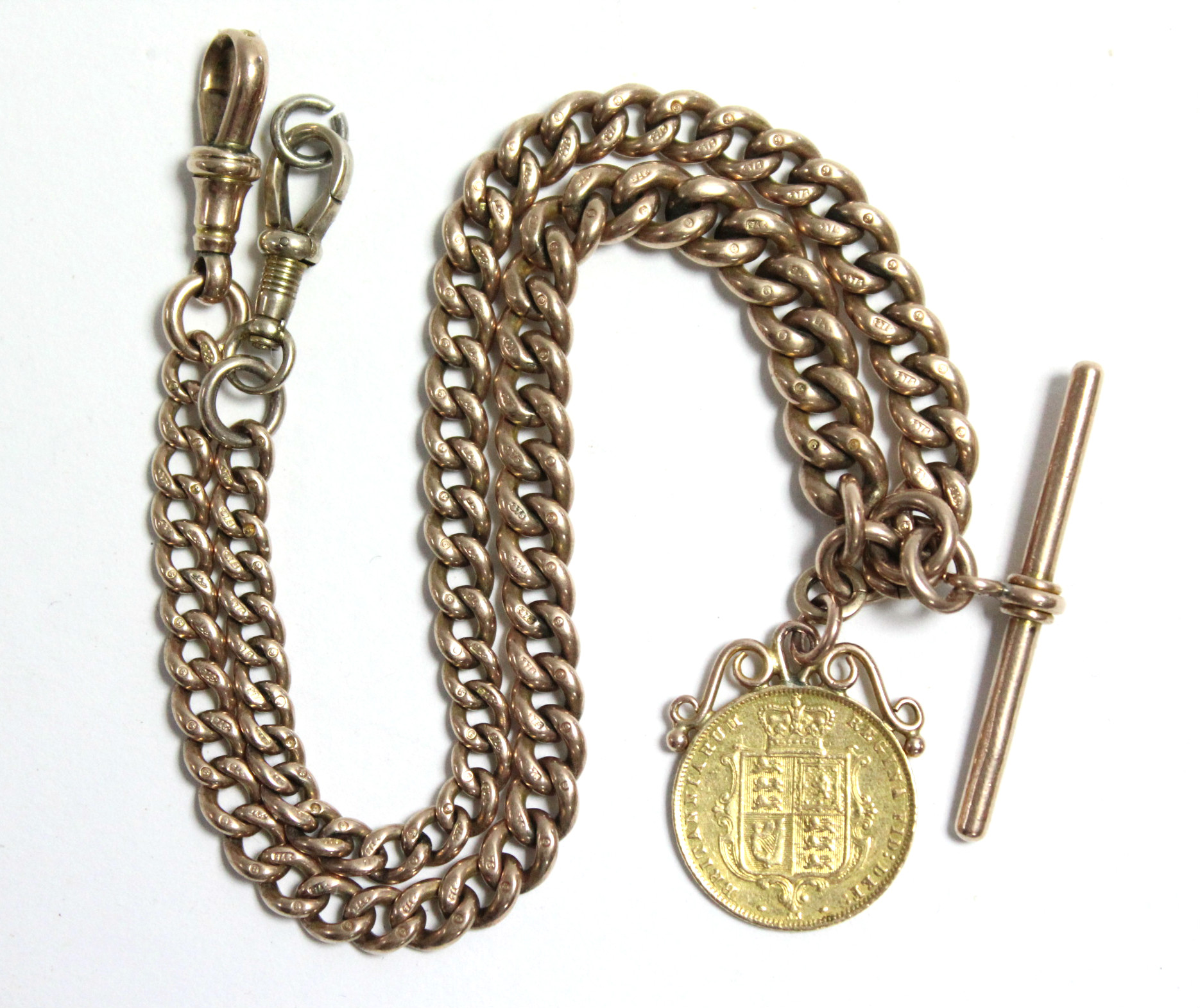 A 9ct. gold albert of curb links, with bar, pendant 1876 half-sovereign, & spring clip to either