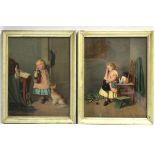 A pair of Victorian small coloured prints after Jonderland each depicting a room interior with small