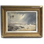 A late 19th/early 20th century oil painting on board depicting a stormy coastal landscape, unsigned,