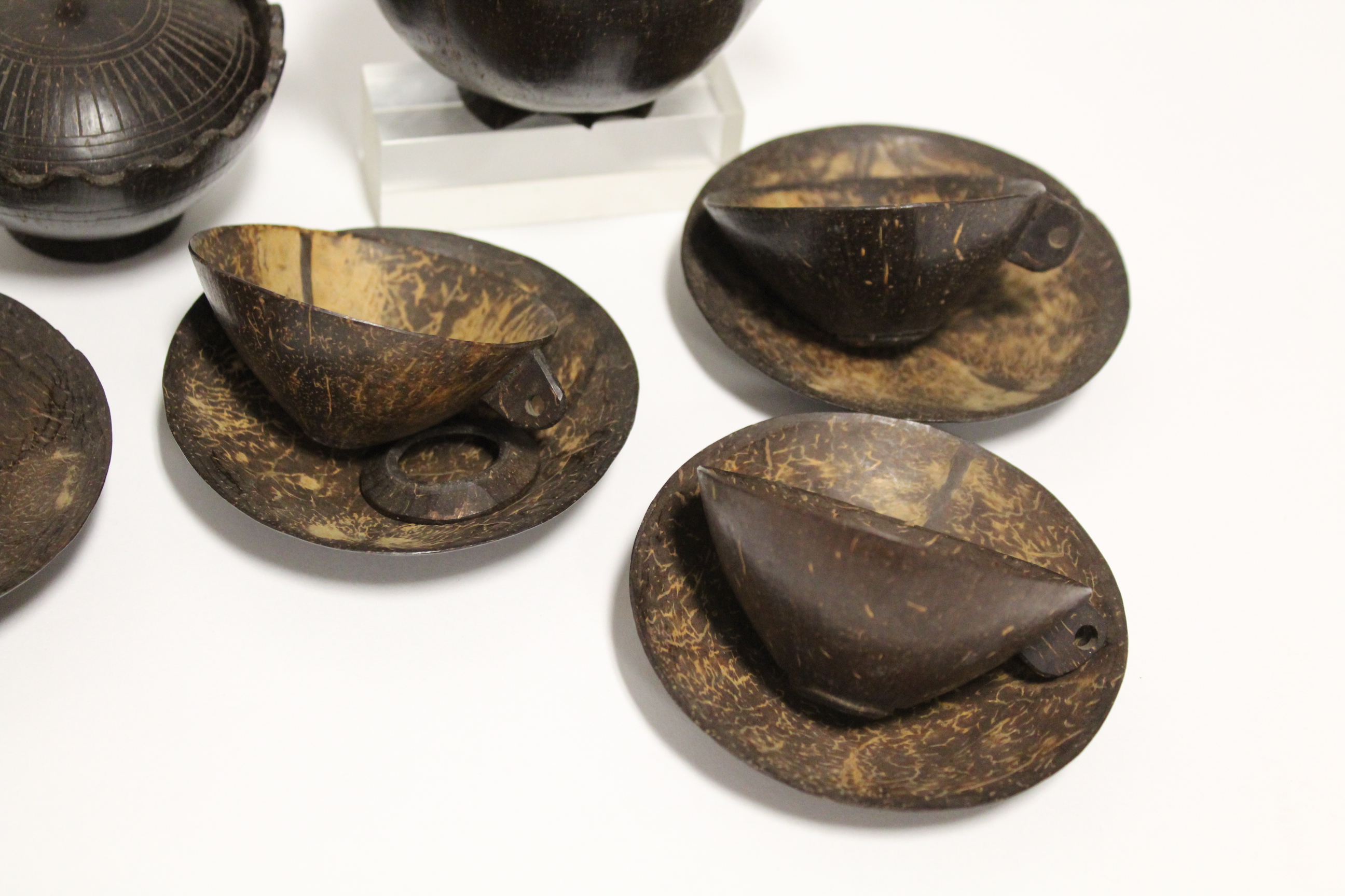 A 1920’s Sri Lankan carved coconut shell fifteen piece tea service (settings for six), part w.a.f. - Image 3 of 4