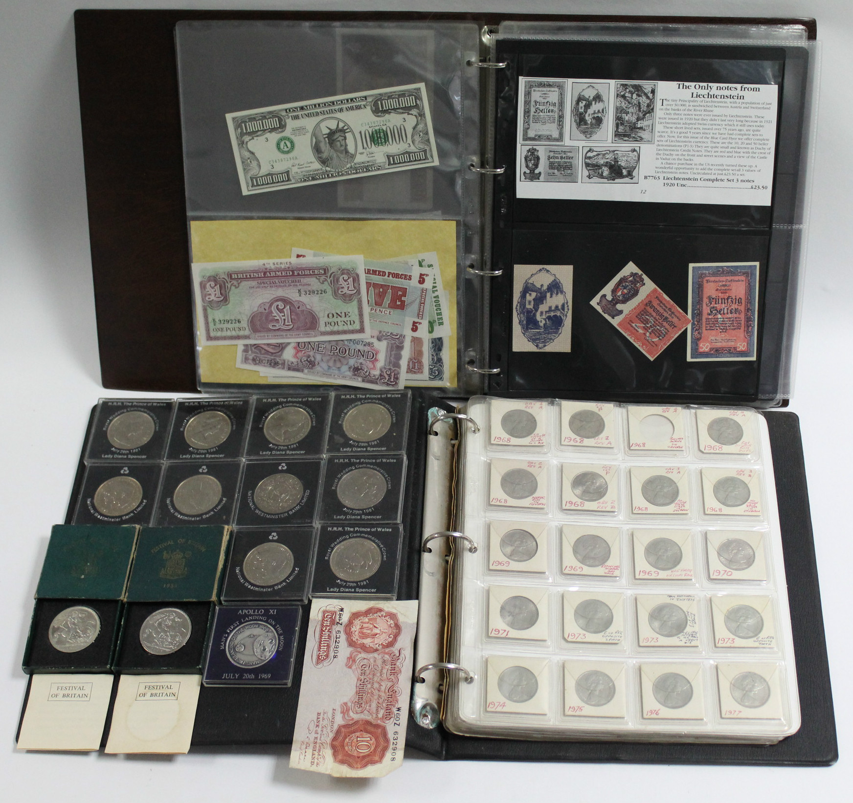 Two albums & contents of British pre-decimal & decimal coins, foreign banknotes, coin-covers,