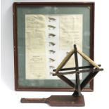 A LATE 19th/EARLY 20TH CENTURY ANGLERS LINE-WINDER, 13 ¾” WIDE, & A DISPLAY OF FISHING LURES, 15¼” x