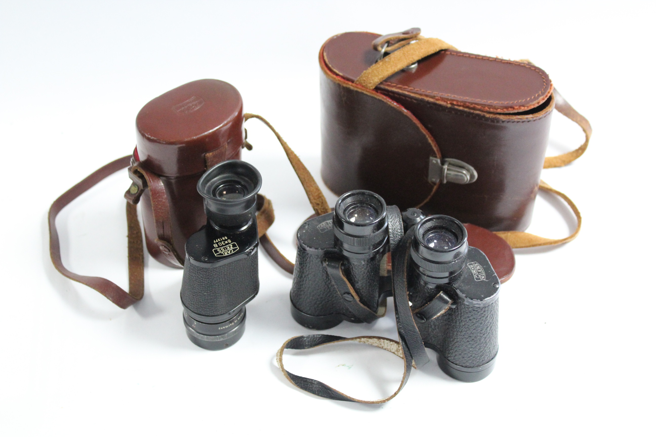 A pair of Carl Zeiss Jena “Jenoptem” 8 x 3 W binoculars; & a Carl Zeiss 8 x 30 B monocular, each