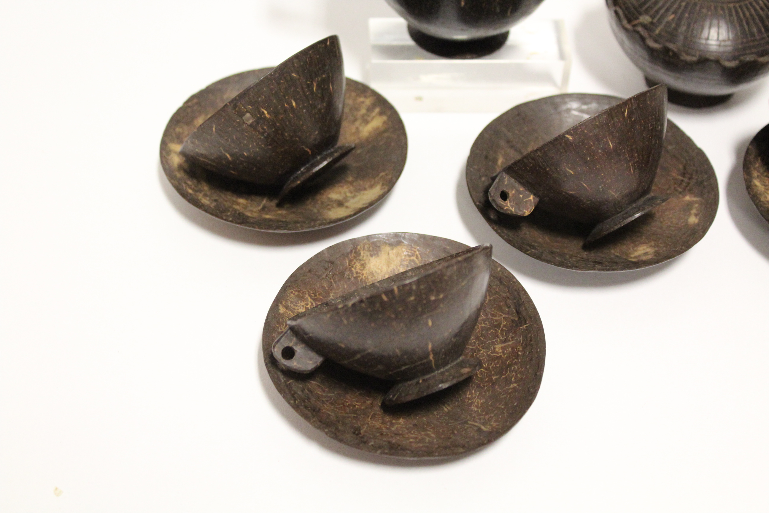 A 1920’s Sri Lankan carved coconut shell fifteen piece tea service (settings for six), part w.a.f. - Image 2 of 4