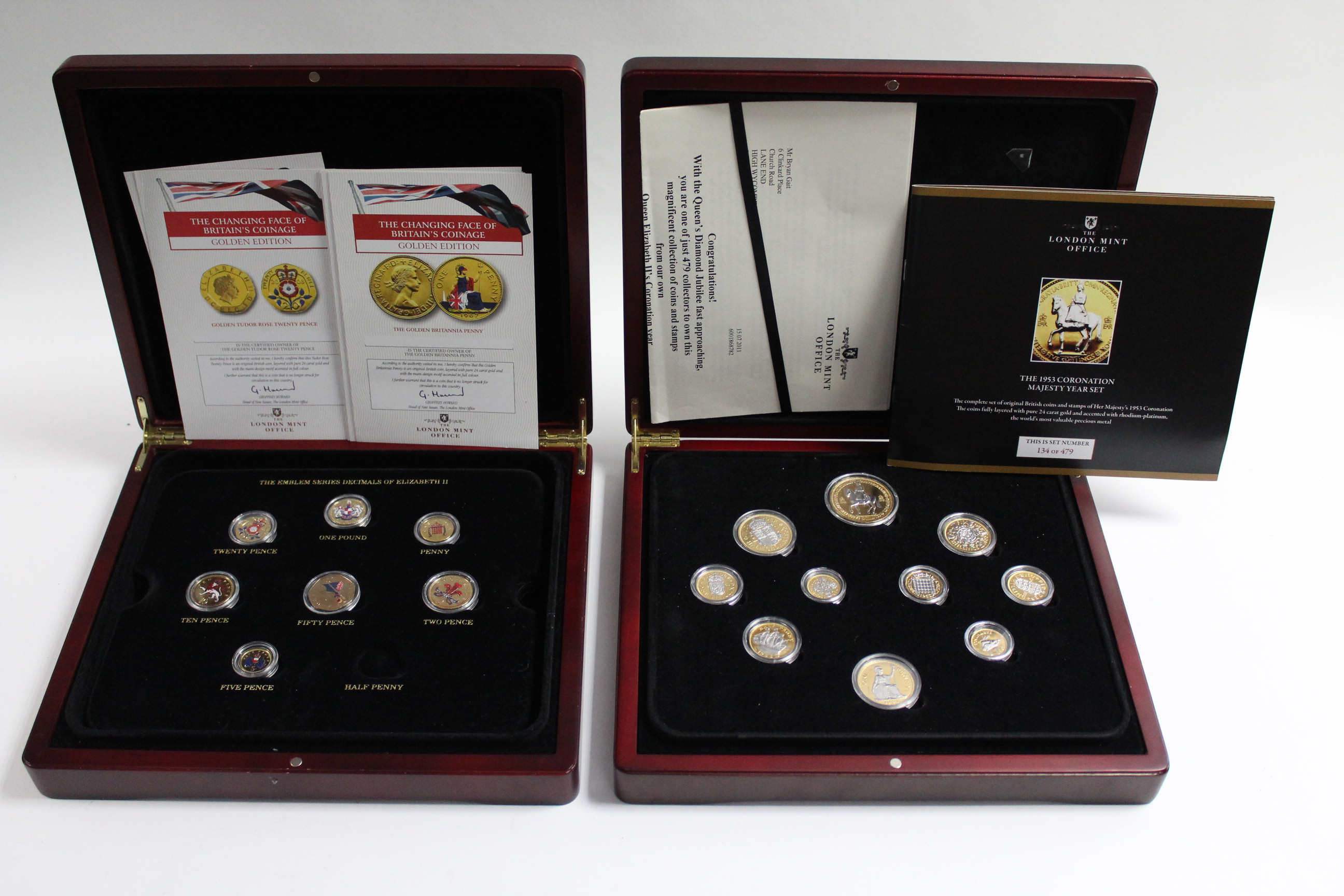 A set of seventeen “Changing Face of Britain’s Coinage National Emblem” gold-plated & rhodium-