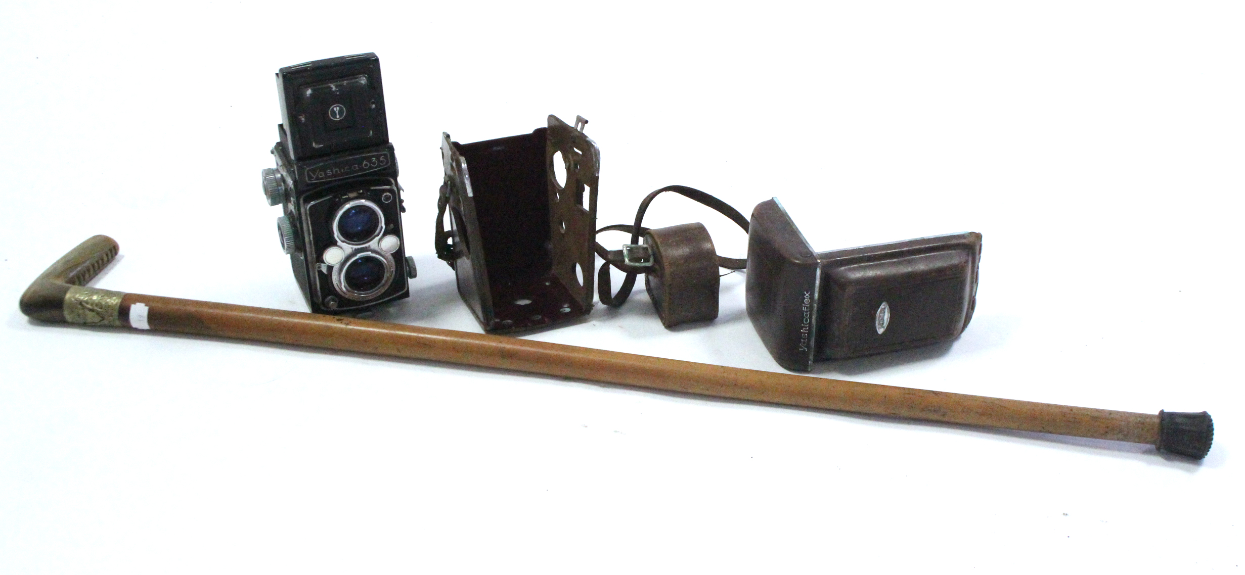 A Yashika “635” box camera with leather case; & a gent’s walking cane with plated mount. - Image 2 of 2