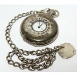 An Edwardian silver-cased half hunter pocket watch (dial w.a.f.), complete with silver albert