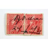 AMY JOHNSON, (English Aviator, 1903-1941), autograph signature across a pair of New Zealand “