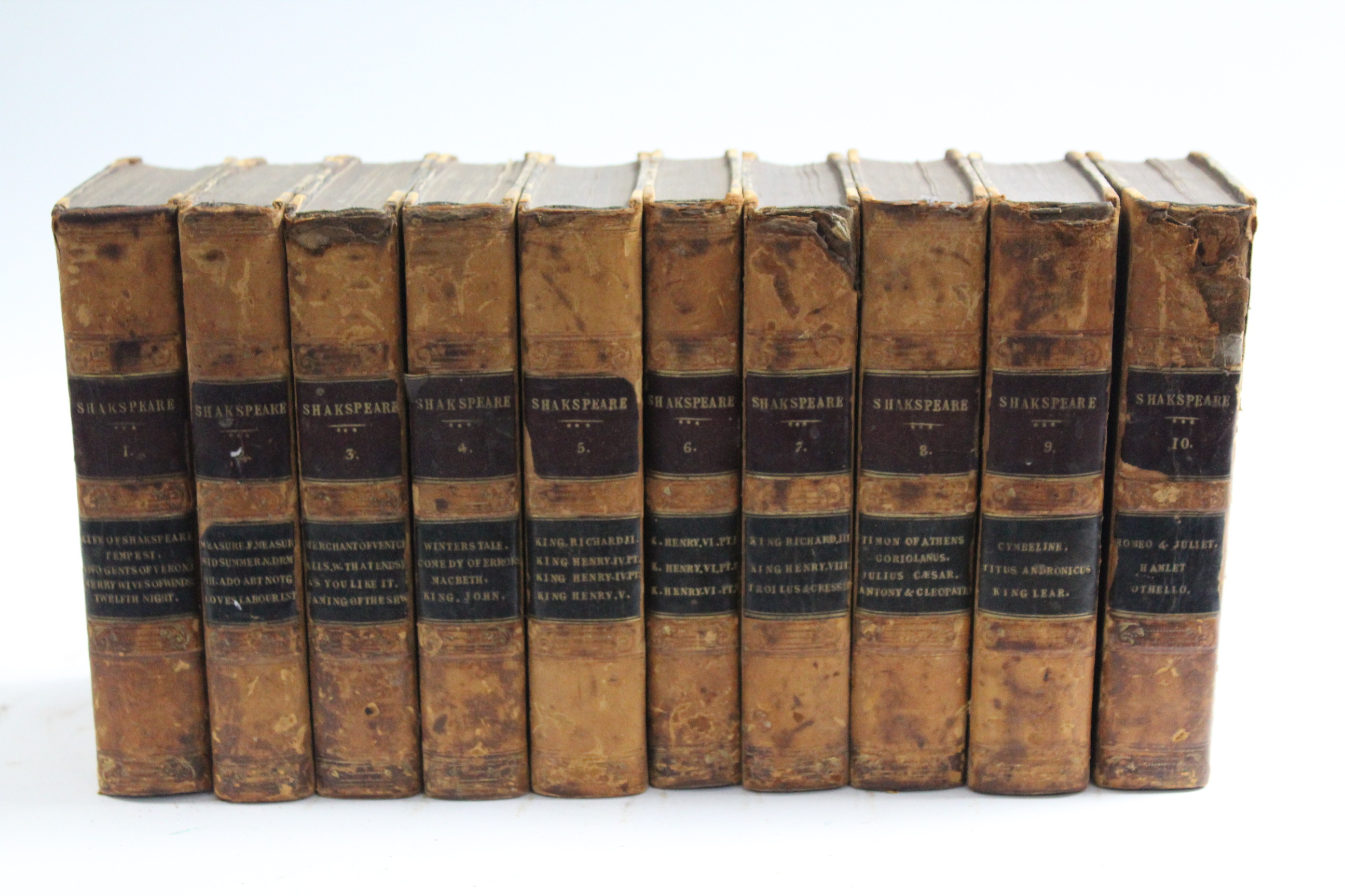 A set of ten early 19th century leather-bound volumes “The Dramatic Works of William Shakespeare” by