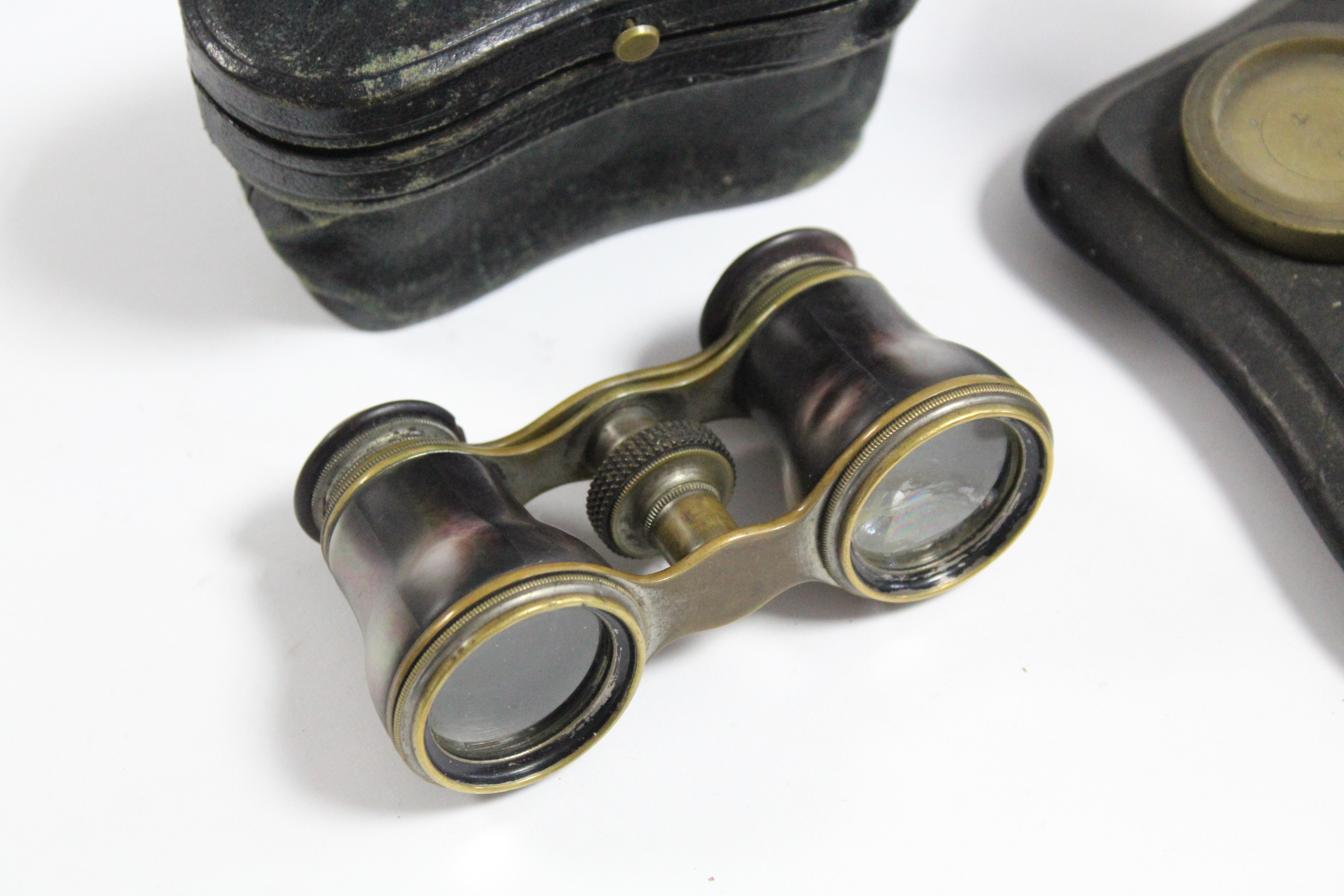 A brass letter scale with five brass weights & mounted on ebonised serpentine front plinth base; & a - Image 3 of 4