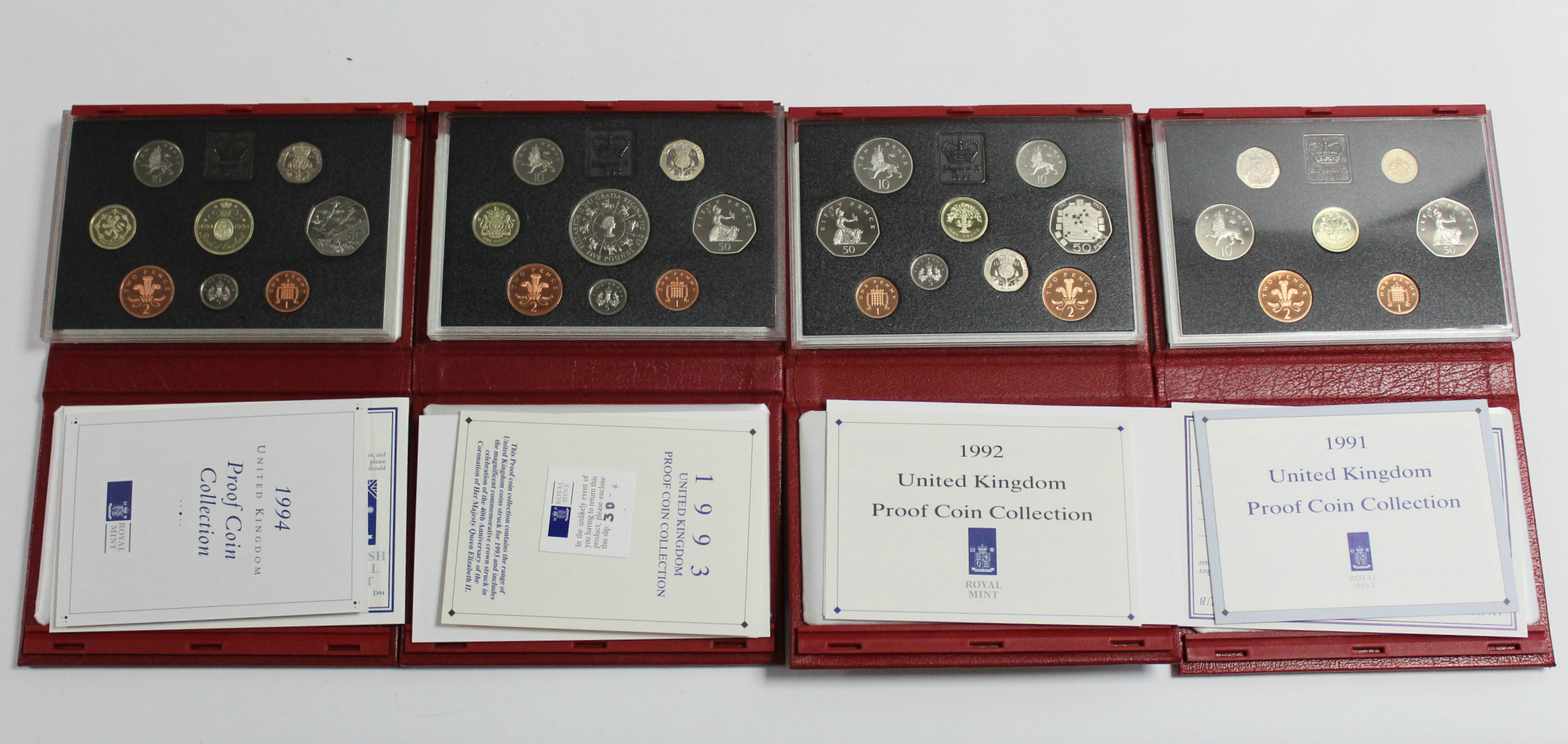 Four Royal Mint U. K. proof coin sets; 1991, 1992, 1993 & 1994.