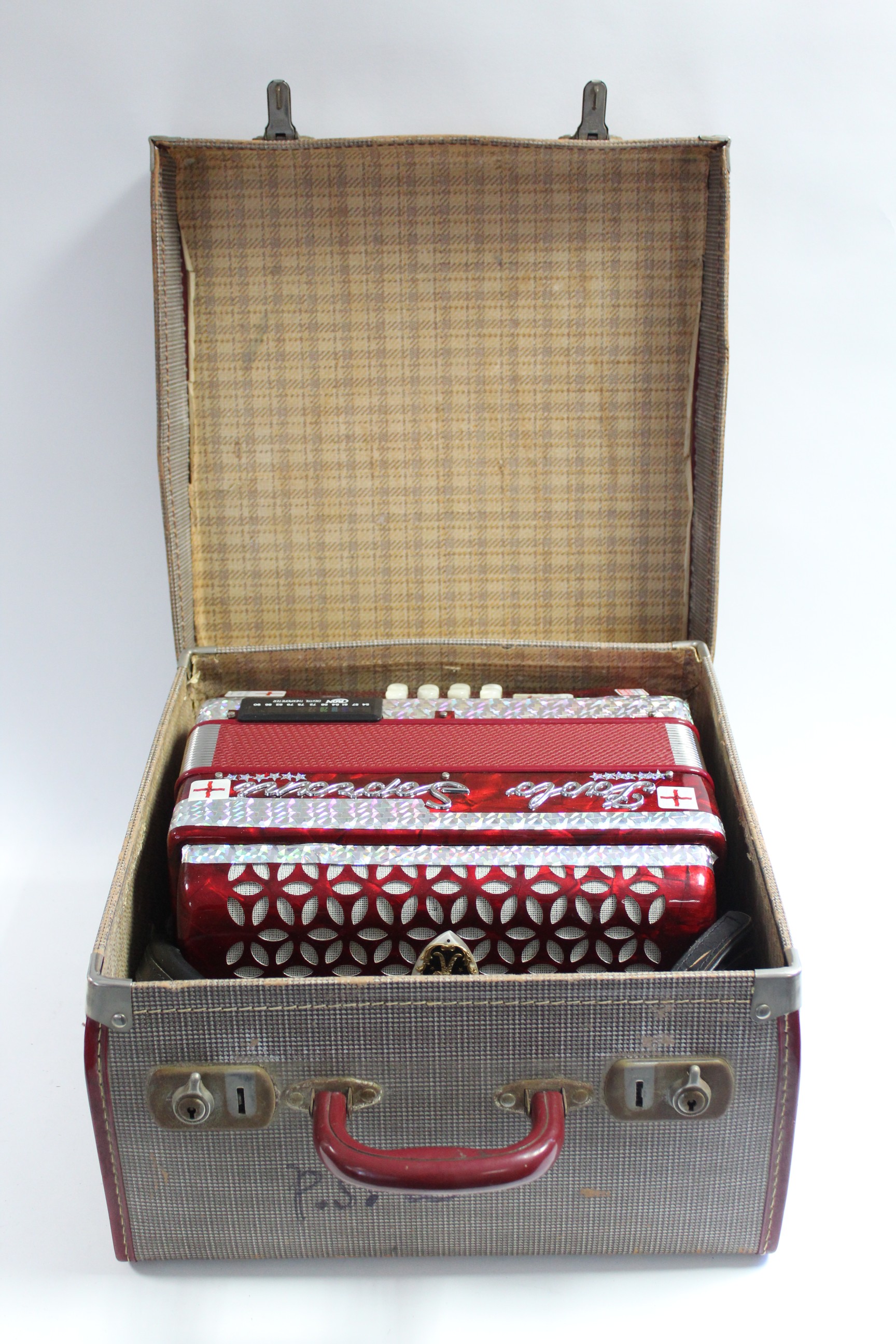 A Paolo Soprani piano accordion in red polished case, & with fibre-covered carrying case. - Image 7 of 9