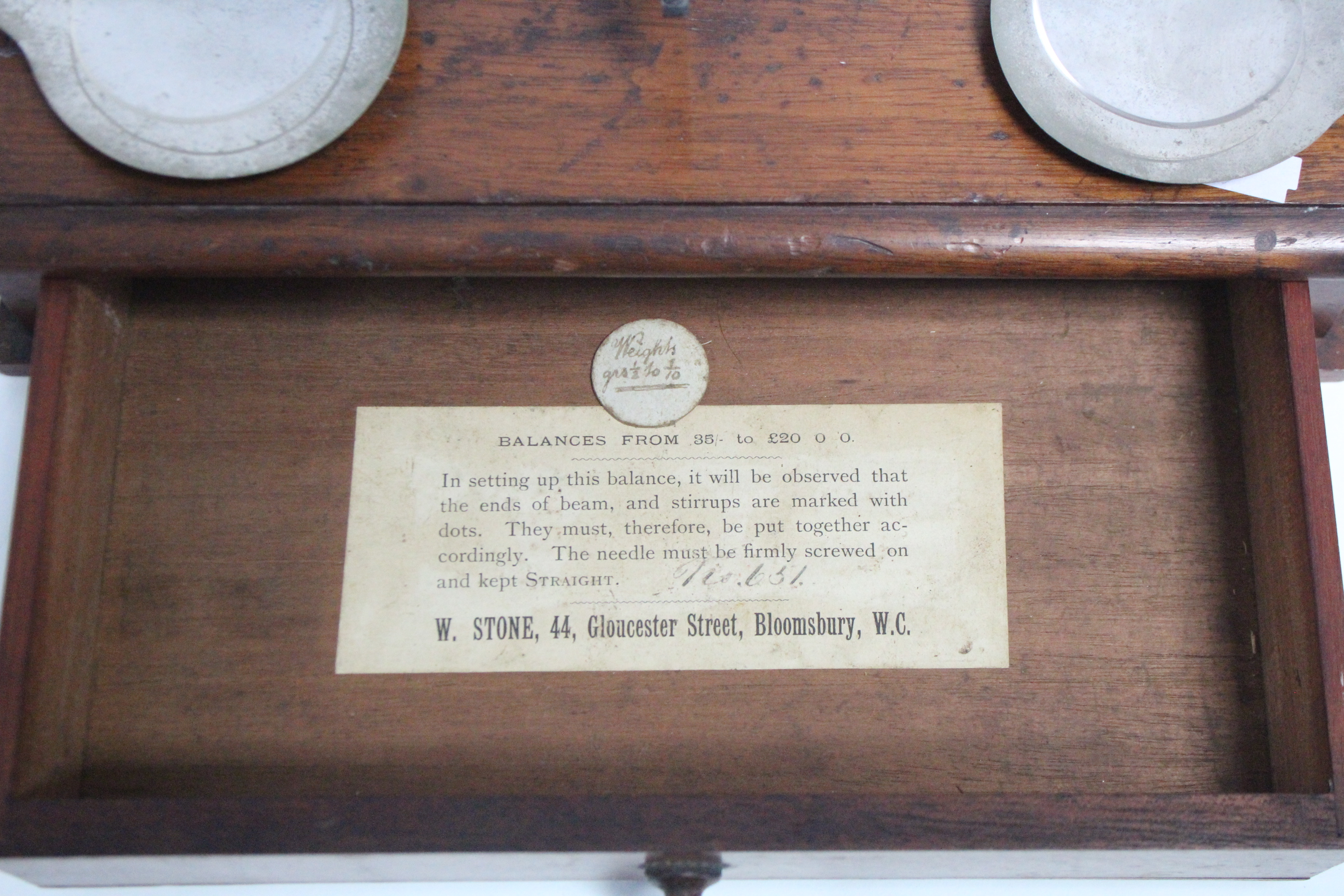 An early 20th century steel beam balance mounted on mahogany base fitted long drawer; together - Image 2 of 3