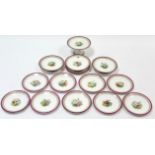 A Victorian porcelain fourteen-piece part dessert service, each piece with different floral design