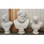 Three large classical-style male plaster of Paris busts, 39½, 33½ & 30” high.