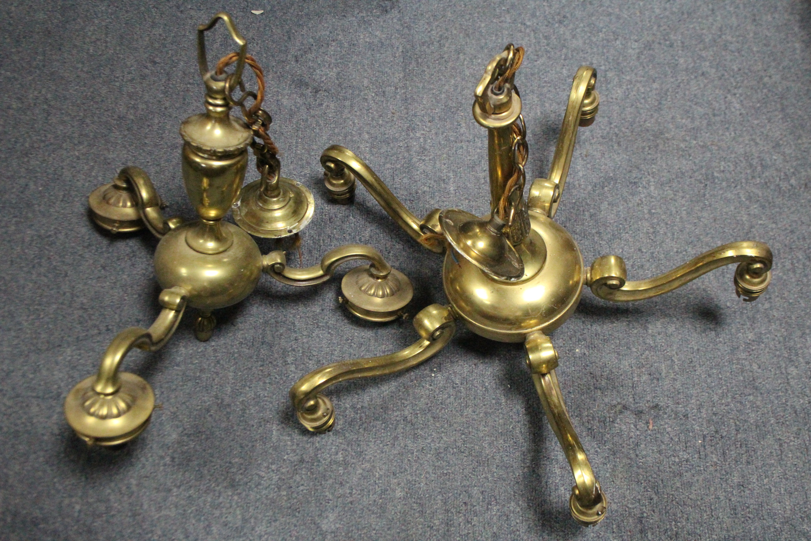 A brass five-branch electrolier, 18” wide x 14” high; a brass three-branch electrolier; & various