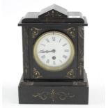 A Victorian mantel timepiece with black roman numerals to the white enamel dial, & in black slate