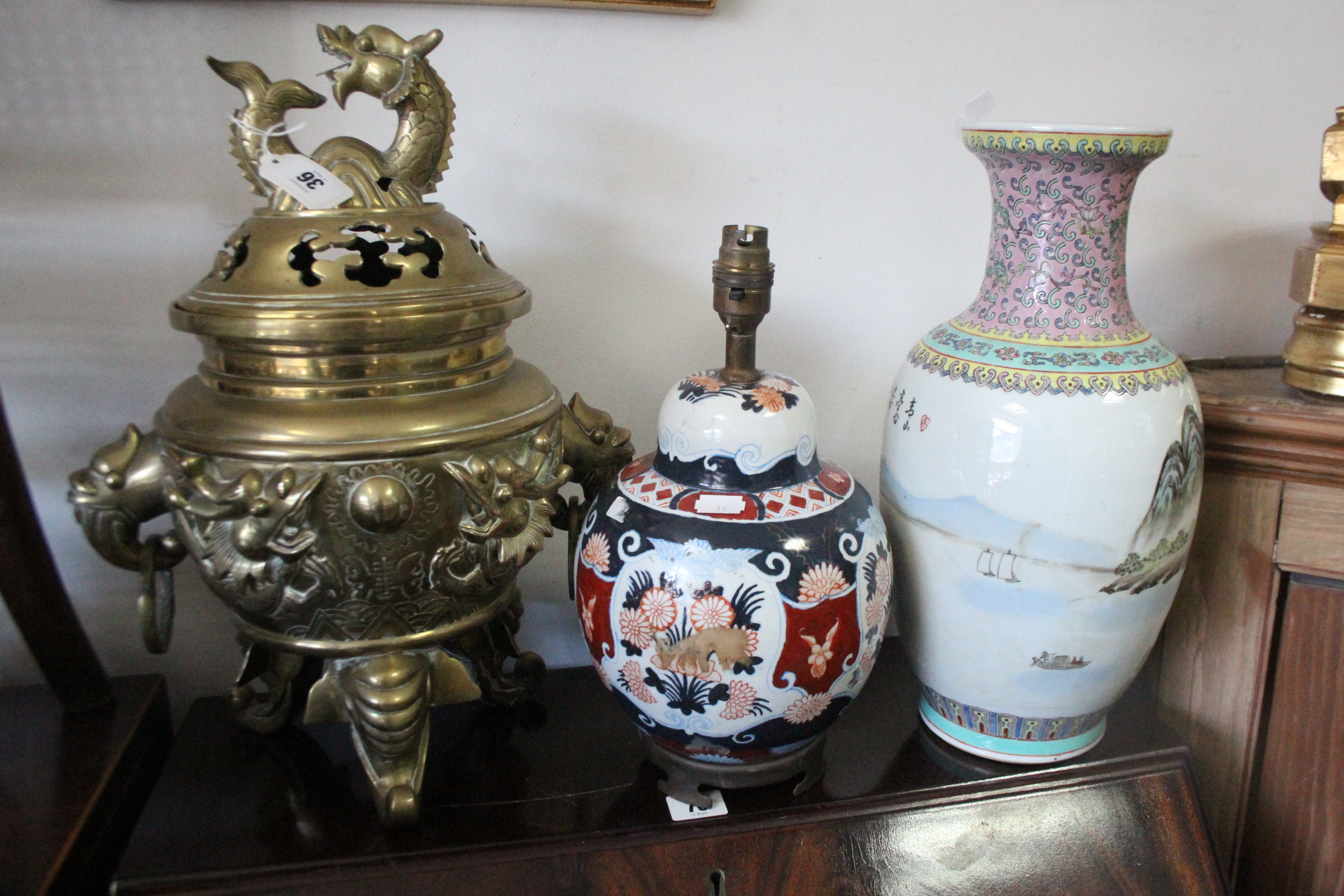 A Chinese large brass censer with dragon finial & on three elephant-head feet, 17” high; four gilt - Image 2 of 8