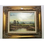 A modern oil painting on canvas of a river scene with farm building to the background, signed J.