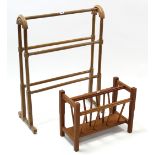 A Victorian towel-rail, 24” wide; & a teak two-division magazine rack.