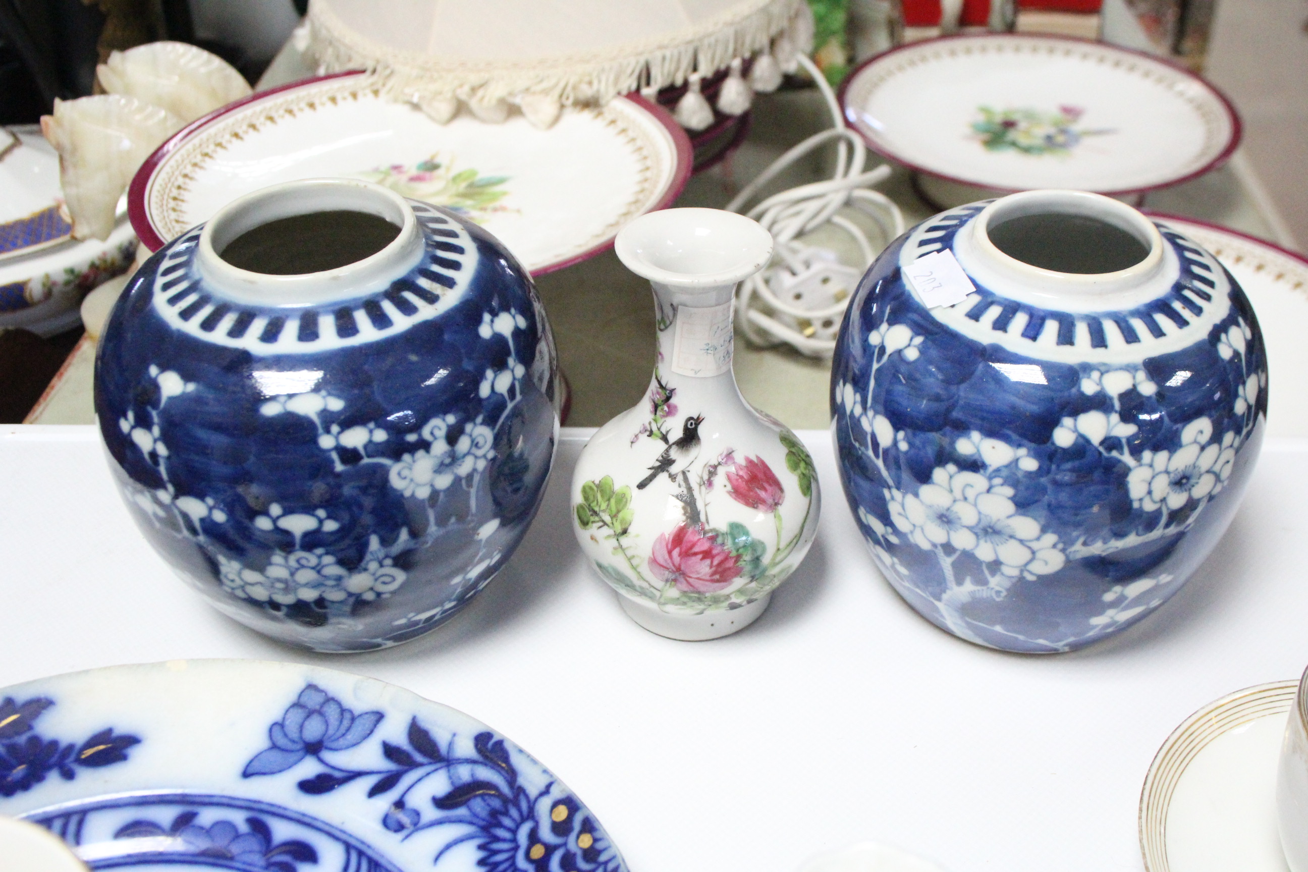 Two Chinese blue & white ginger jars, one converted to a table lamp; together with various items