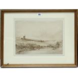 A watercolour painting by Thomas Lound, of a rural scene with windmills to the background, 10” x