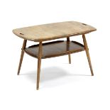 An Ercol light elm rectangular two-handled low coffee table on round tapered legs with open