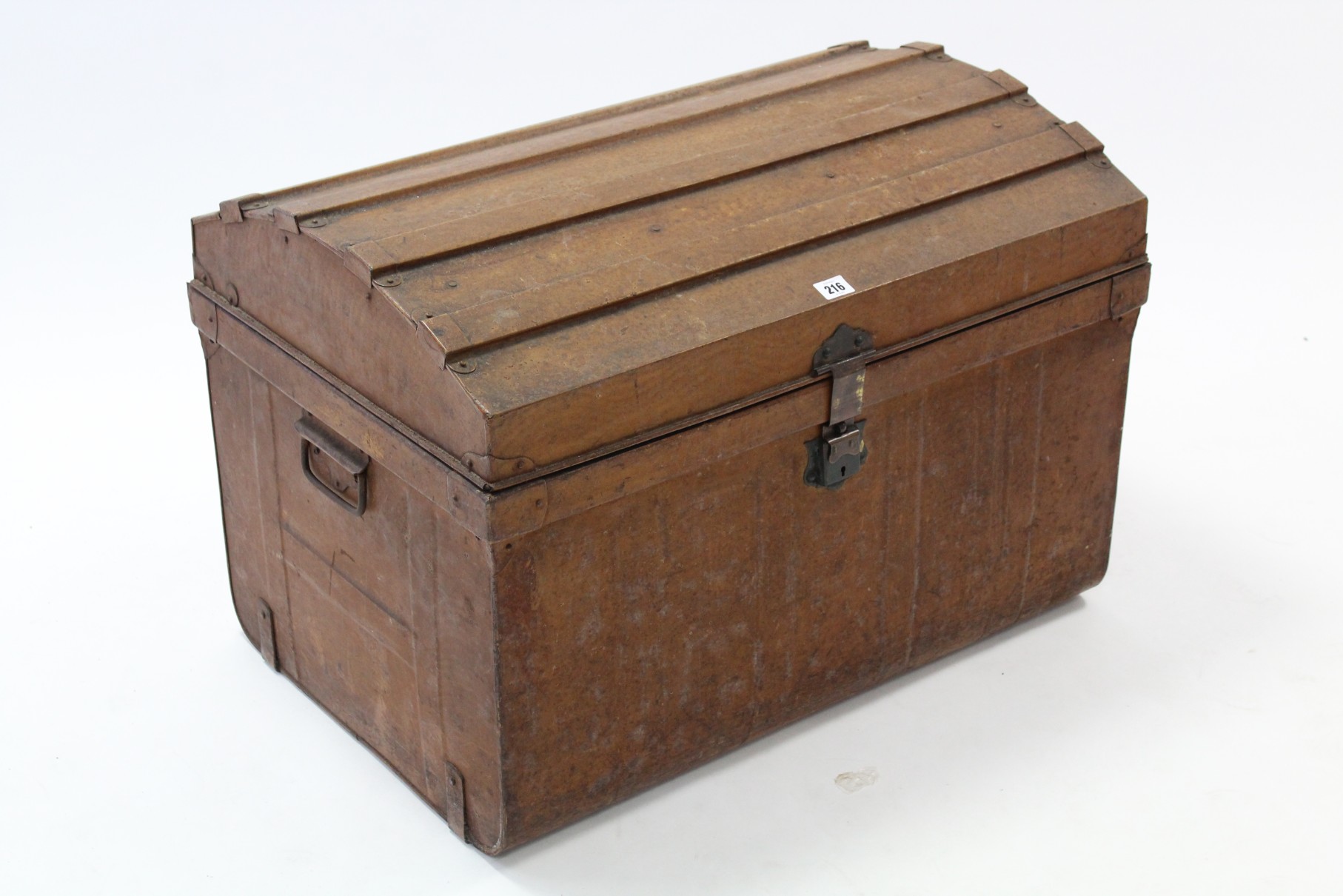 A grained tin domed-top travelling trunk with hinged lift-lid & with wrought-iron side handles, 29¼”