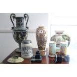 A Satsuma pottery vase with figure scene decoration; two ceramic biscuit barrels; & various other