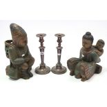 A pair of antique candlesticks of round tapered form & on round pedestal foot, 11¾” high; & two