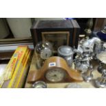 Three mantel clocks; & three decorative pictures; various items of platedware & metalware, etc.