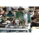 A Hac mantel clock in oak domed-top case; a plated oil lamp; various items of metalware; & sundry