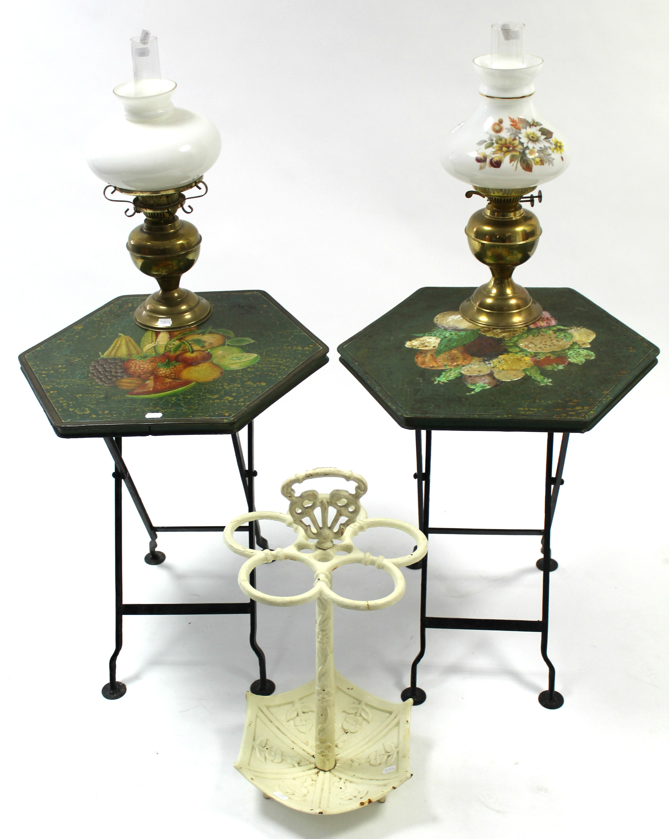 Two painted Tôleware-type occasional tables, each with six-sided top & on fold-away legs, 20½” wide;