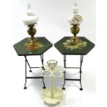 Two painted Tôleware-type occasional tables, each with six-sided top & on fold-away legs, 20½” wide;