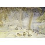 A watercolour painting by Dorris Kirlue titled to reverse “Ducks, Worcester College, Oxford”,
