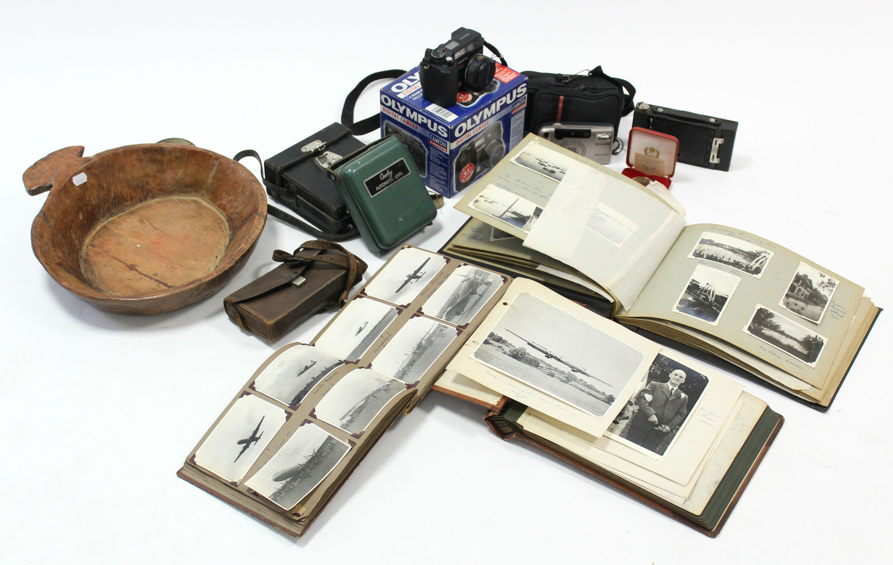 A Kodak No.2 folding camera; together with two other cameras; a treen fruit bowl, etc.