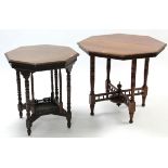 A late Victorian walnut low centre table with octagonal top, & on four ring-turned legs with