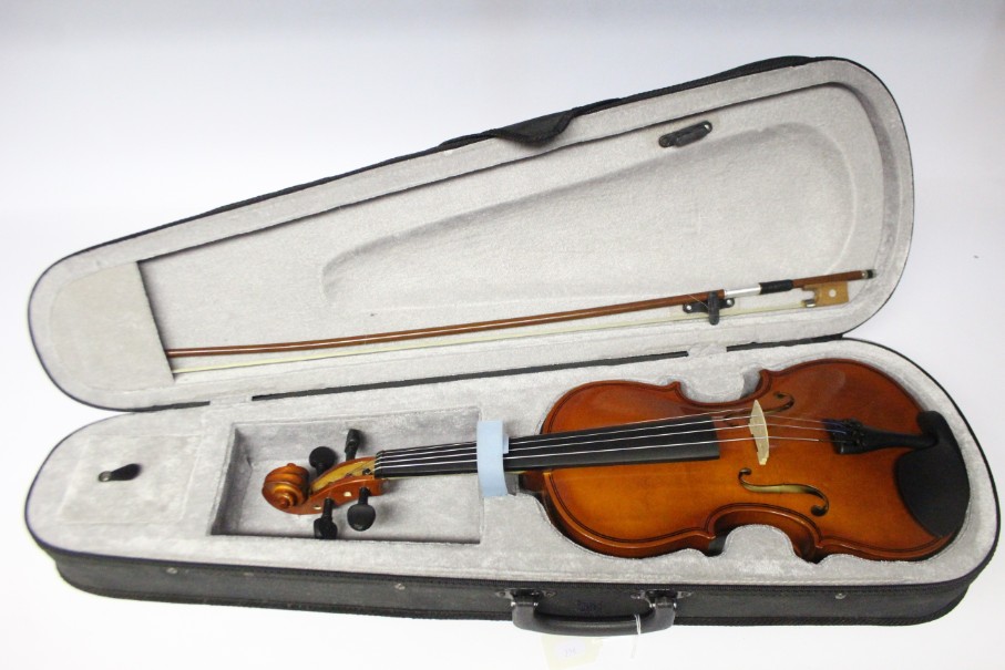 A modern violin, with case.