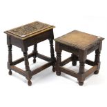 A carved oak rectangular joint stool on baluster-turned legs with plain stretchers, 15¾” wide; & a