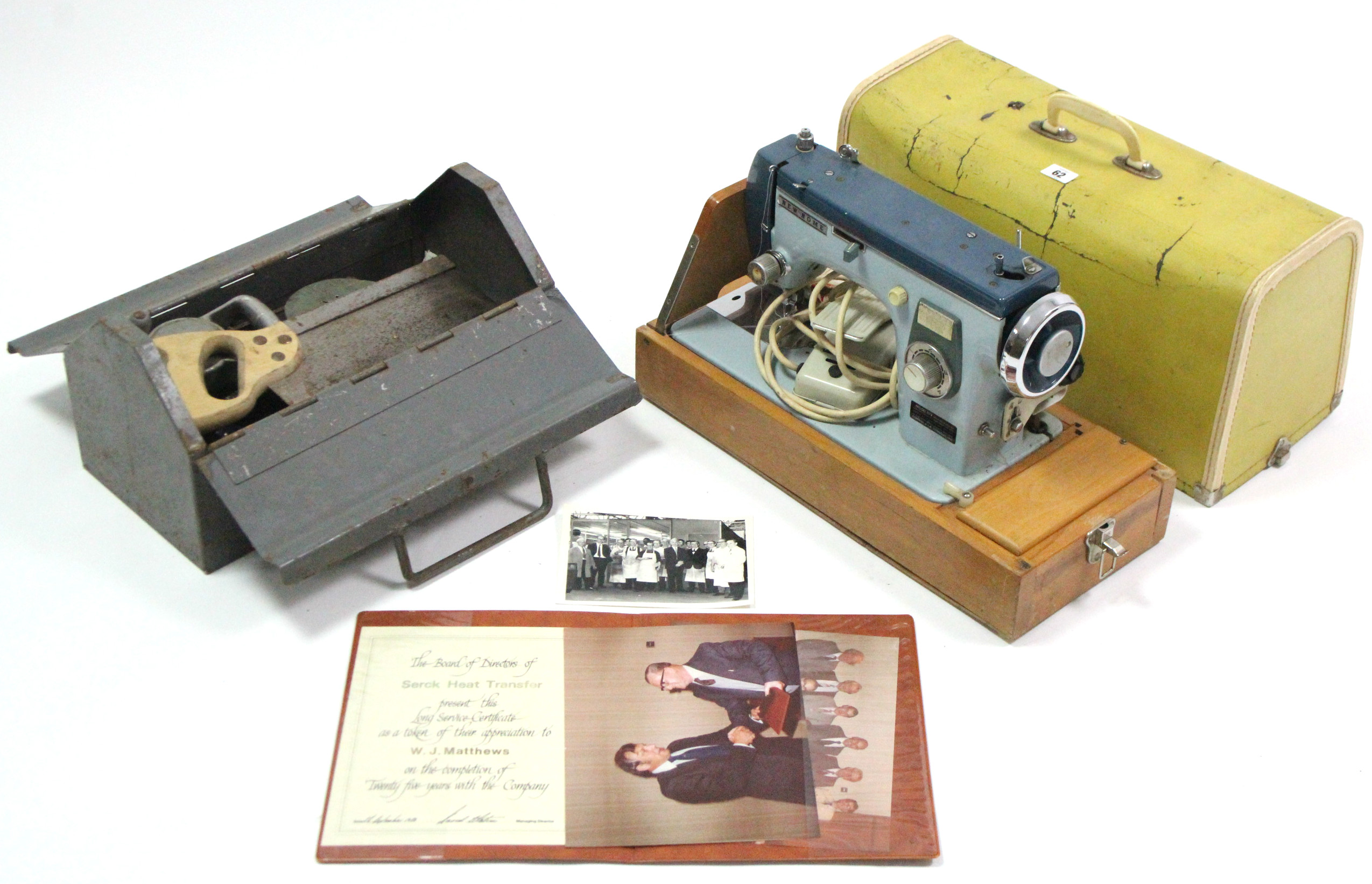 A New Home electric sewing machine with case, w.o.; various vintage engineers’ tools in toolbox;