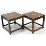 A pair of brass-bound mahogany square low coffee tables, each on four square legs with plain