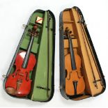 Two modern violins; three violin bows; & two violin cases.