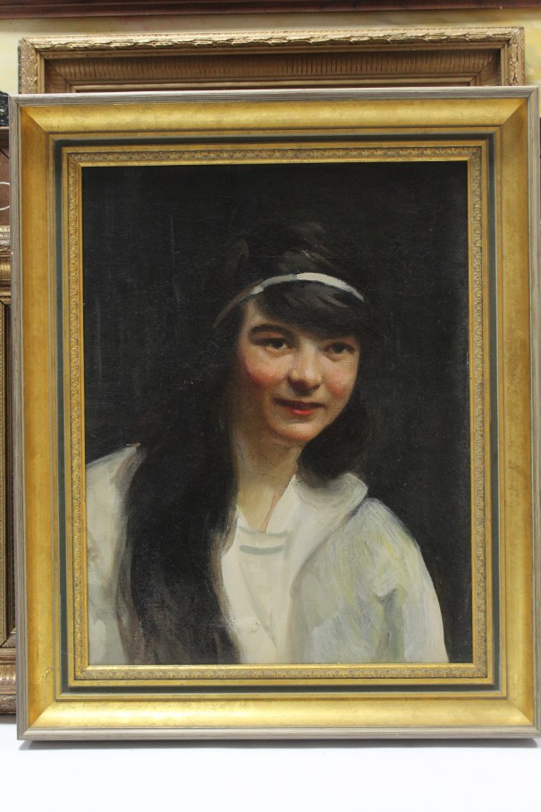 Two oil paintings on board – Chelsea street scenes, un-signed, 8½” x 11½”; a head & shoulders female