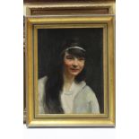 Two oil paintings on board – Chelsea street scenes, un-signed, 8½” x 11½”; a head & shoulders female