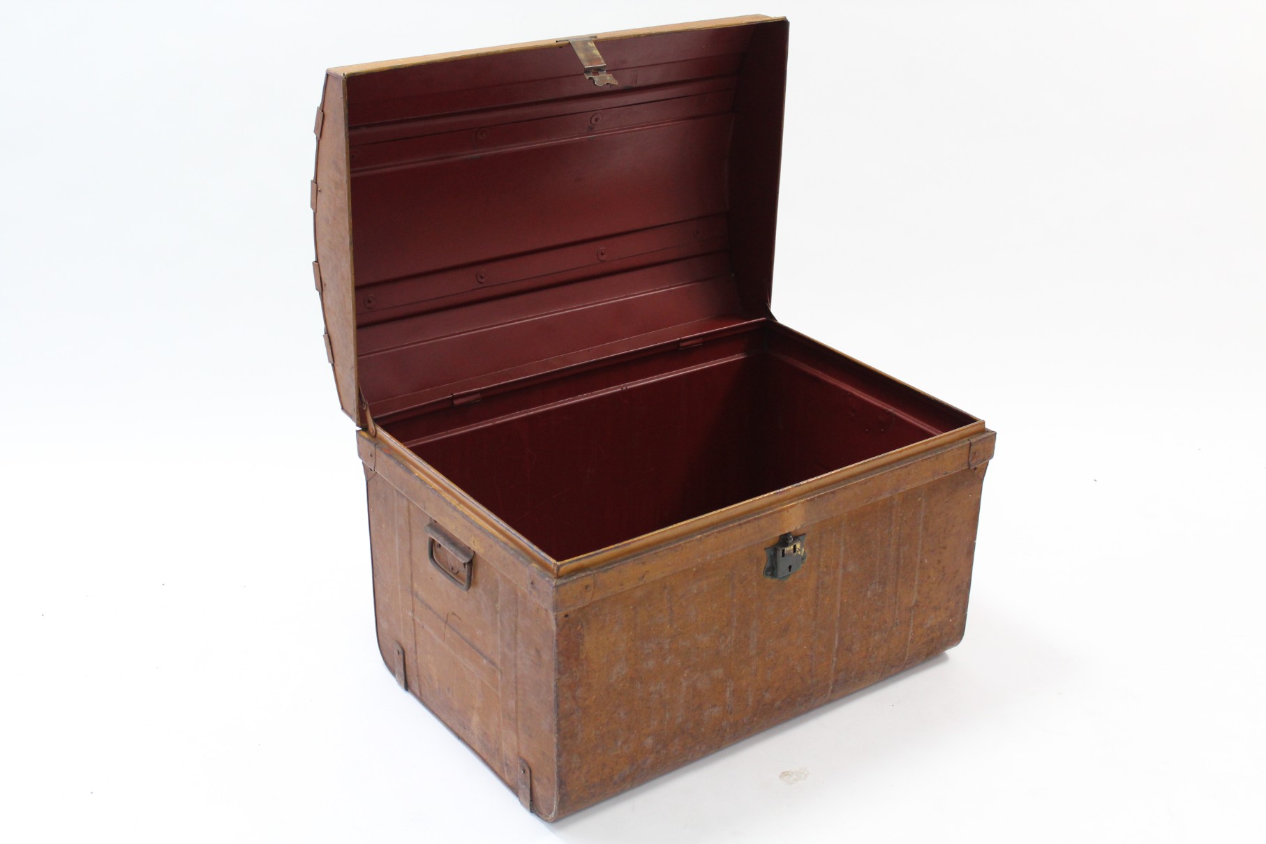 A grained tin domed-top travelling trunk with hinged lift-lid & with wrought-iron side handles, 29¼” - Image 2 of 2
