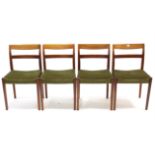 A SET OF FOUR TROEDS OF SWEDEN TEAK RAIL-BACK DINING CHAIRS, with padded seats upholstered green