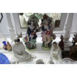 A pair of Staffordshire pottery flat-back male & female musical figures; various other items of